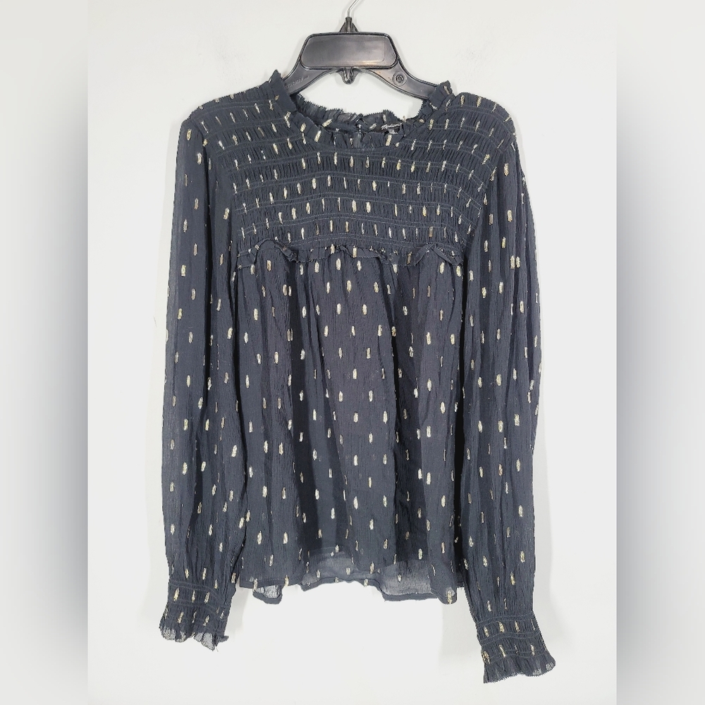 Madewell Smocked High Neck Long-Sleeve Top, Size Small
